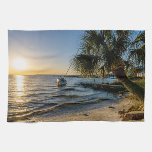 Florida Leaning Palm Tree Sunset Kitchen Towel