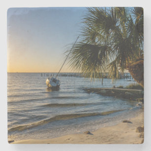 Florida Leaning Palm Tree Sunset Stone Coaster