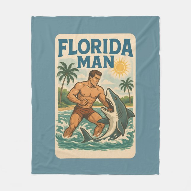 Florida Man Coastal Shark Wrestler - Retro Beach Fleece Blanket (Front)
