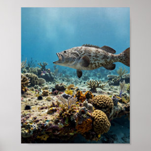 Florida Man Gag Grouper Coral Reef Fishing Art Poster
