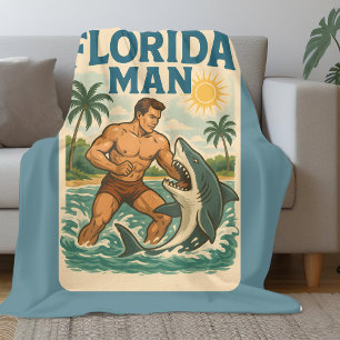 Florida Man Shark Wrestler Funny Retro Beach Life Fleece Blanket