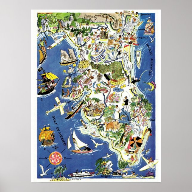 Florida Map Birdseye View Poster Print (Front)