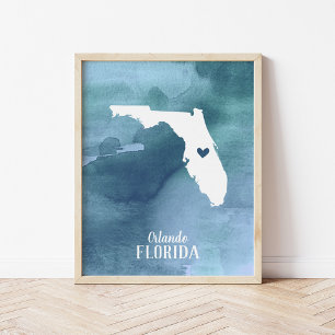 Florida Map Blue Watercolor Personalised Art Print