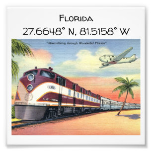 Florida Map Coordinates Vintage Style Photo Print
