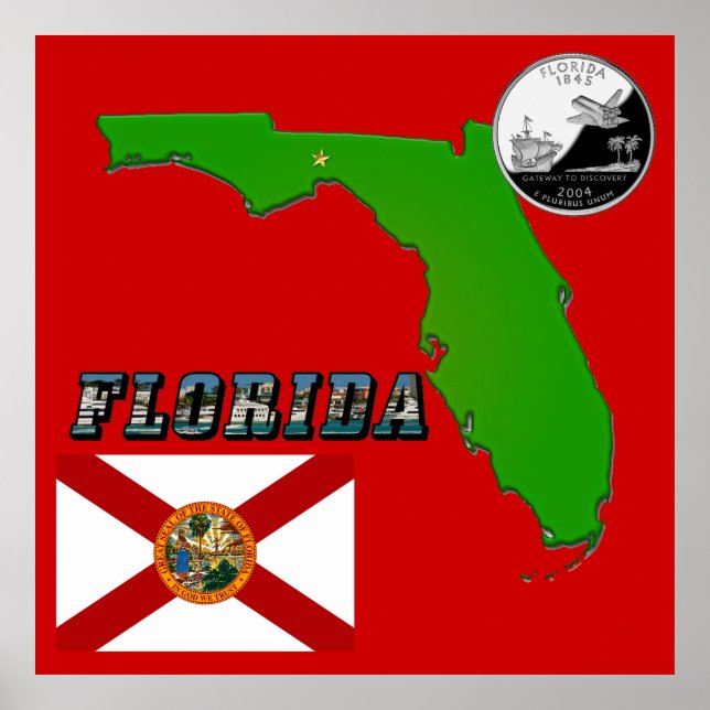 Florida Map, Picture Text and State Faux Quarter Poster (Front)