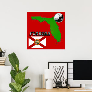 Florida Map, Picture Text and State Quarter Poster