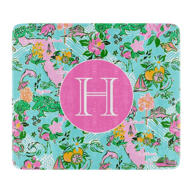 Florida Map Preppy Palm Beach Pattern Monogrammed Cutting Board (Front)