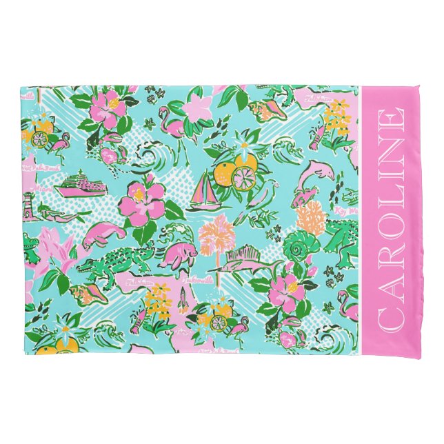 Florida Map Preppy Palm Beach Pattern Print Pillowcase (Front)