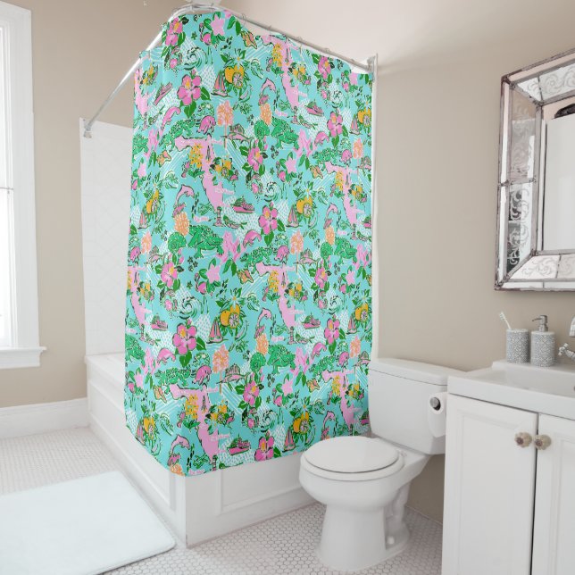 Florida Map Preppy Palm Beach Pattern Print Shower Curtain (In Situ)