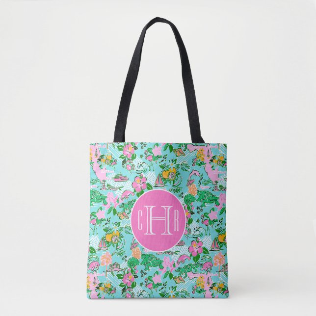 Florida Map Preppy Palm Beach Pattern Print Tote Bag (Front)