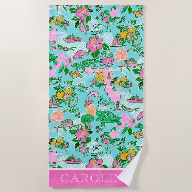 Florida Map Preppy Palm Beach Pattern Print Towel (Front)