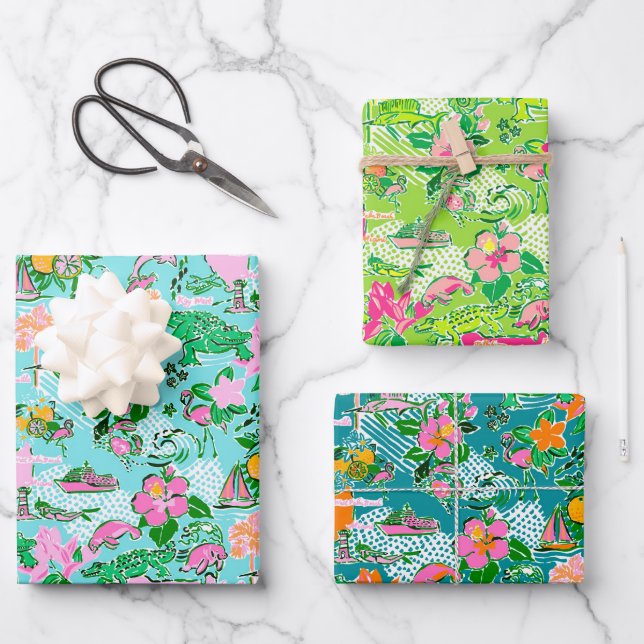 Florida Map Preppy Palm Beach Pattern Print Wrapping Paper Sheet (Front)