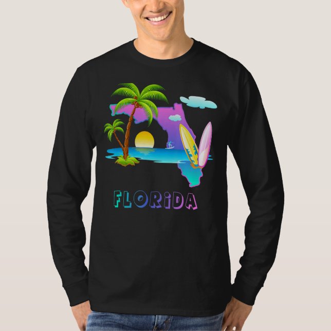 Florida Map Sunset Landscape With Palm Trees T-Shirt (Front)