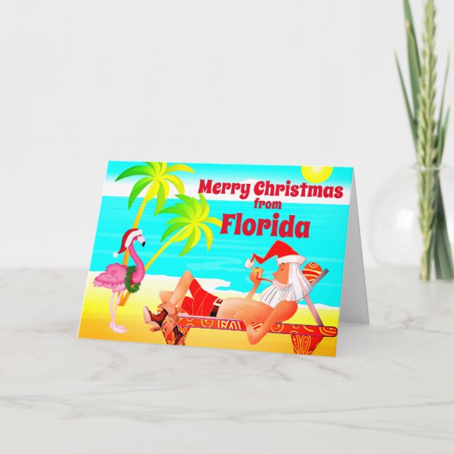 Florida Merry Christmas Santa and Flamingo Beach Holiday Card (Front)