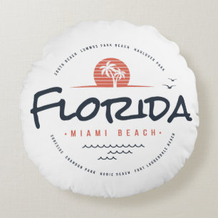 Florida Miami Beach Retro Sunset Palm Tropical Round Cushion