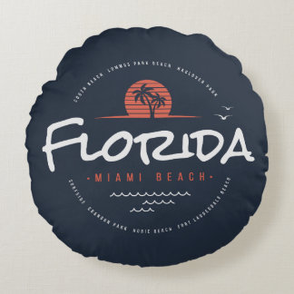 Florida Miami Beach Retro Sunset Palm Tropical  Round Cushion