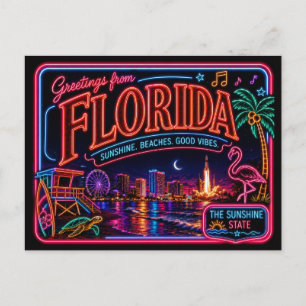 Florida Neon State Retro Vintage Postcard