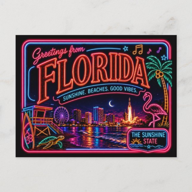 Florida Neon State Retro Vintage Postcard (Front)