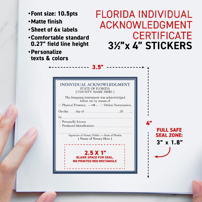 FLORIDA Notary Acknowledgement Certificate 3.5x4" Wine Label (Elegant (FL) Florida-compliant notary 6x Stickers for Notary individual Acknowledgment certificates)