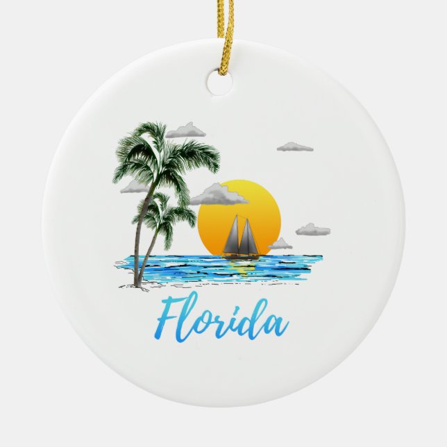 Florida Ocean Sunset Sailing Ceramic Tree Decoration (Front)