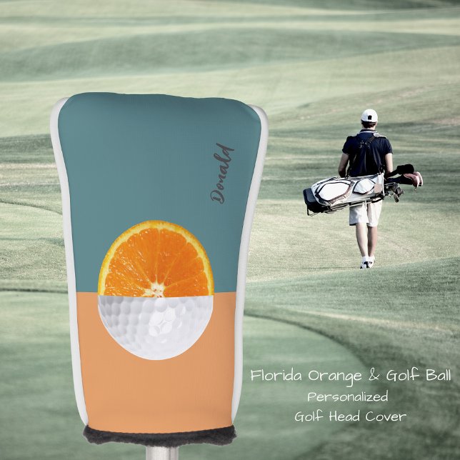 Florida Orange Golf Ball Golf Head Cover (Personalized Golf Club Head. Half golf ball & Florida orange design & contrasting colored backround!)