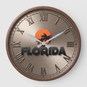 Florida Orange Sun Palm Trees Metallic Large Clock