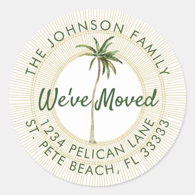 Florida Palm Golden Sun White Moving Announcement Classic Round Sticker (Front)