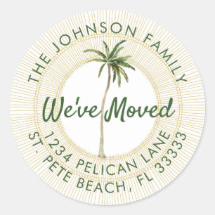 Florida Palm Golden Sun White Moving Announcement Classic Round Sticker