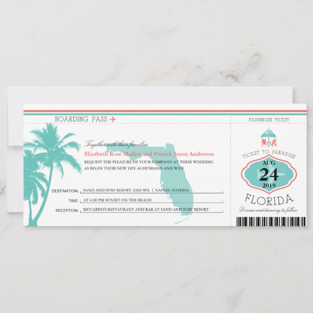 Florida Palm Tree Boarding Pass Wedding Invitation (Front)