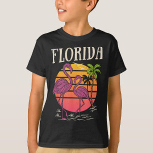 Florida Retro Beach Sunset Palm Tree Pink Flamingo T-Shirt