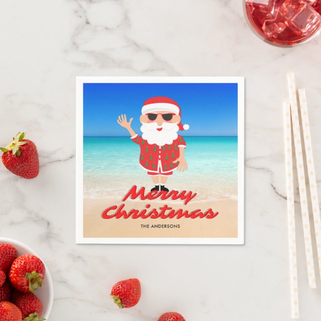 Florida Santa on the Beach Merry Christmas Napkin (Insitu)
