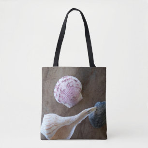 Florida seashells on a printed tote bag
