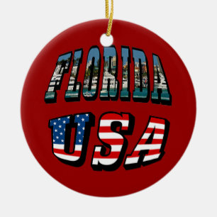 Florida State and USA Flag Text Ceramic Tree Decoration