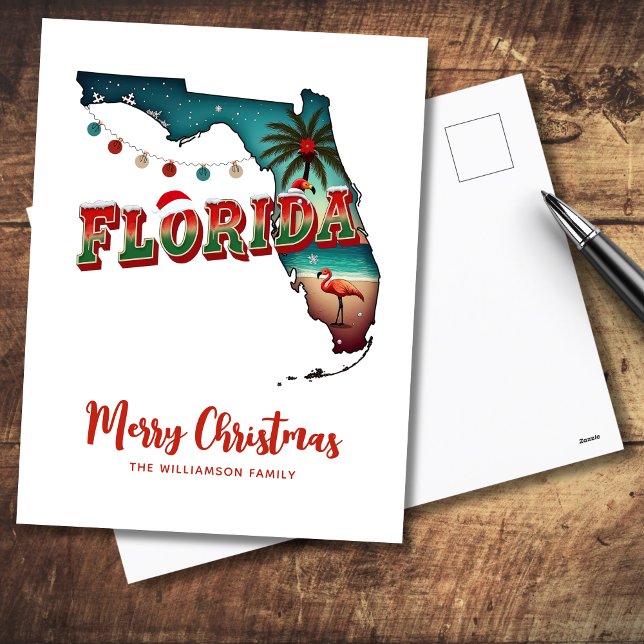 Florida State Christmas Map Holiday Postcard (Personalize greeting and Family name,  reverse is blank for handwritten message)