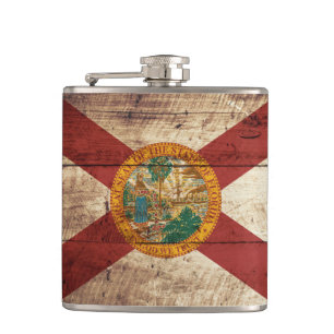 Florida State Flag on Old Wood Grain Hip Flask