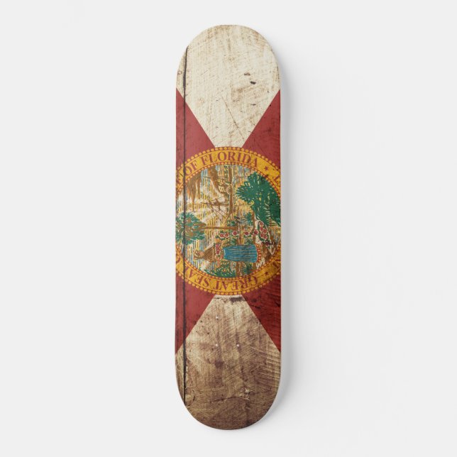 Florida State Flag on Old Wood Grain Skateboard (Front)