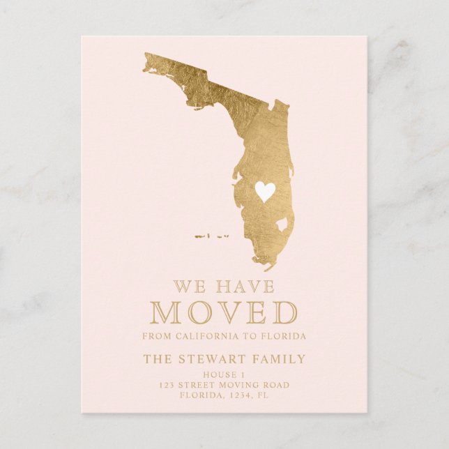 Florida state map blush pink gold home moving announcement postcard (Front)
