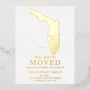 Florida state map heart home moving gold foil invitation postcard