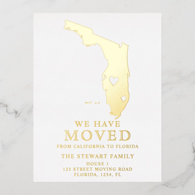 Florida state map heart home moving gold foil invitation postcard (Front)