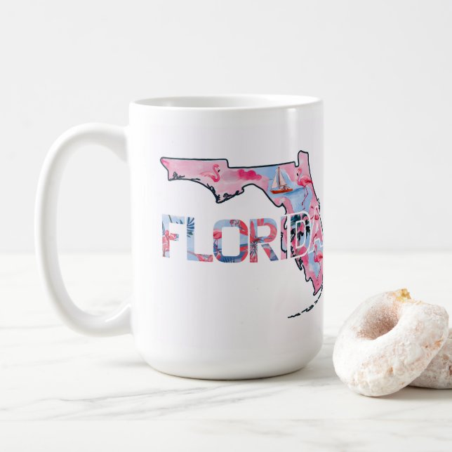 Florida State Map Outline Shape Pink Flamingos  Coffee Mug (With Donut)