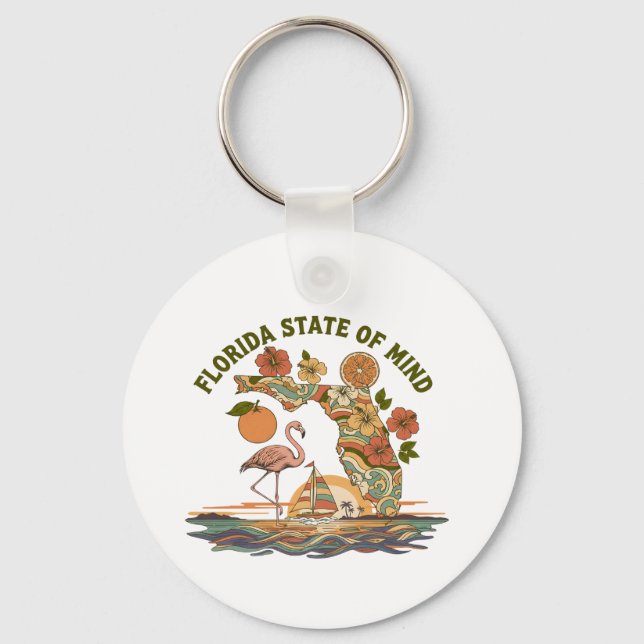 Florida State of Mind Retro Flamingo Sailboat Gift Key Ring (Front)