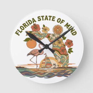Florida State of Mind Retro Flamingo Sailboat Gift Round Clock