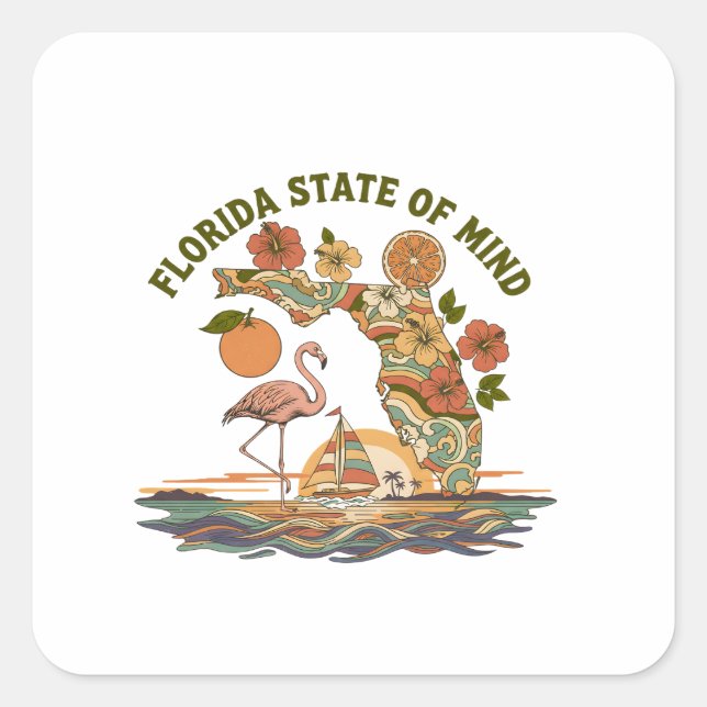 Florida State of Mind Retro Flamingo Sailboat Gift Square Sticker (Front)