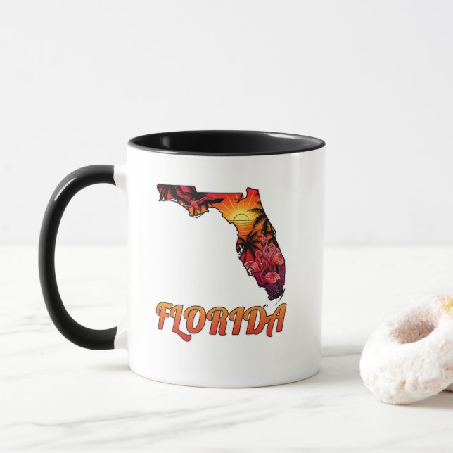 Florida State Outline Palm Trees Tattoo Style Mug (With Donut)