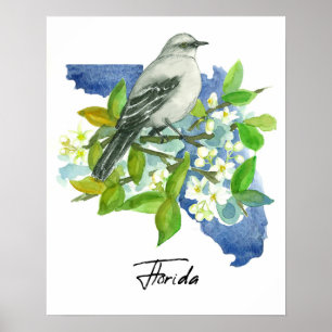 Florida State Shape Orange Blossom Mockingbird Poster