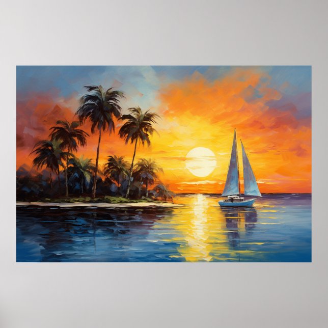 Florida Sunset with Sailboat Oil Painting Poster (Front)