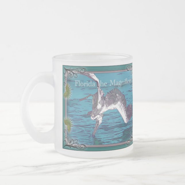 Florida the Magnificent Pelican Frosted Glass Coffee Mug (Left)