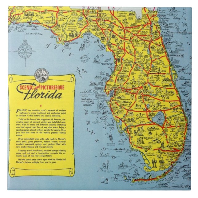 Florida Tourist Map Ceramic Tile (Front)