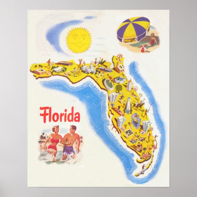 Florida vintage tourism map of attractions poster (Front)