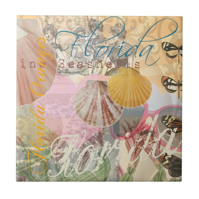 Florida Vintage Travel Beach Seashell Shell Art Tile (Front)